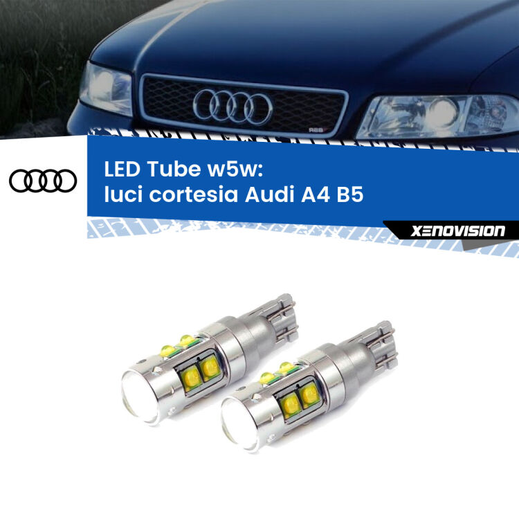 <strong>Luci Cortesia LED 6000k per Audi A4</strong> B5 posteriori. Lampadine <strong>W5W</strong> canbus modello Tube, luce bianco lunare, lunga durata e compatibilità.