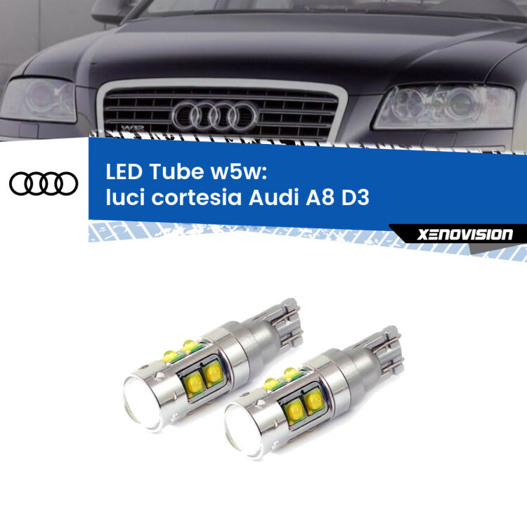 <strong>Luci Cortesia LED 6000k per Audi A8</strong> D3 2002 - 2009. Lampadine <strong>W5W</strong> canbus modello Tube, luce bianco lunare, lunga durata e compatibilità.