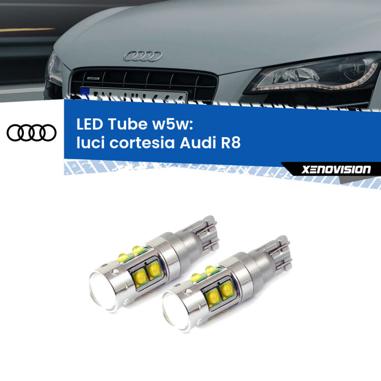 <strong>Luci Cortesia LED 6000k per Audi R8</strong>  2007 - 2015. Lampadine <strong>W5W</strong> canbus modello Tube, luce bianco lunare, lunga durata e compatibilità.