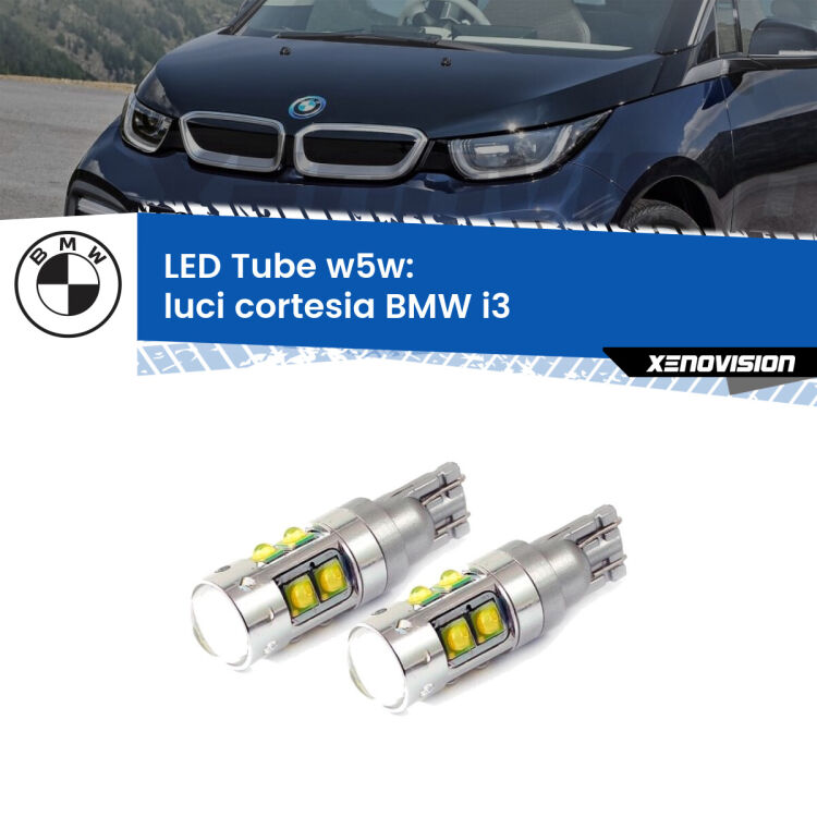 <strong>Luci Cortesia LED 6000k per BMW i3</strong>  2013 - 2023. Lampadine <strong>W5W</strong> canbus modello Tube, luce bianco lunare, lunga durata e compatibilità.