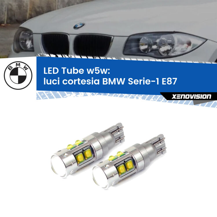 <strong>Luci Cortesia LED 6000k per BMW Serie-1</strong> E87 2003 - 2012. Lampadine <strong>W5W</strong> canbus modello Tube, luce bianco lunare, lunga durata e compatibilità.