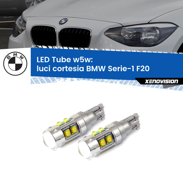 <strong>Luci Cortesia LED 6000k per BMW Serie-1</strong> F20 2010 - 2019. Lampadine <strong>W5W</strong> canbus modello Tube, luce bianco lunare, lunga durata e compatibilità.