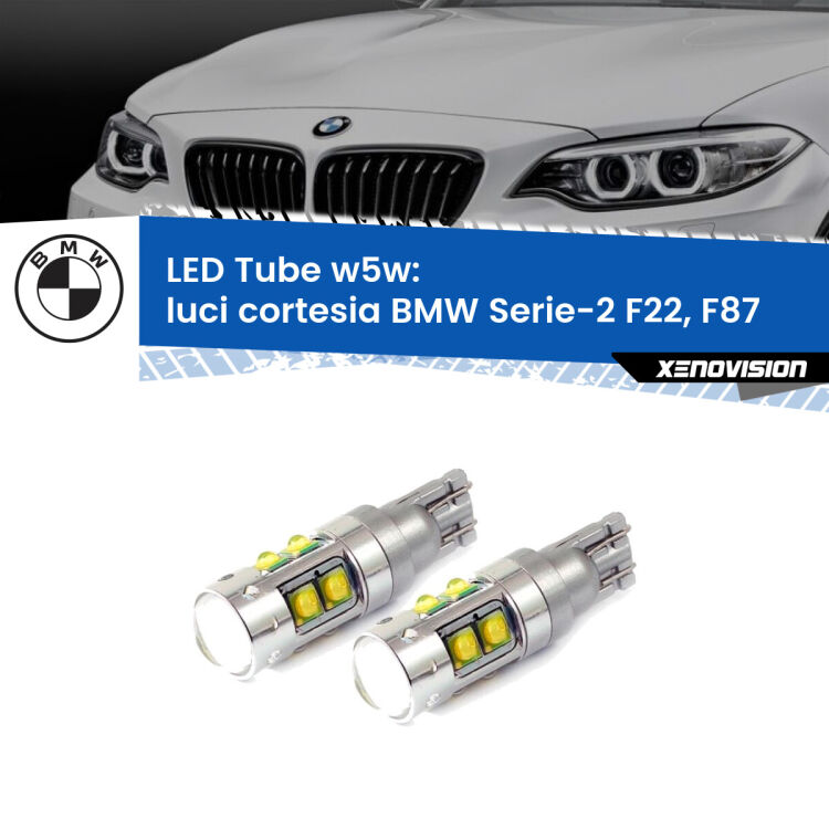 <strong>Luci Cortesia LED 6000k per BMW Serie-2</strong> F22, F87 2012 - 2015. Lampadine <strong>W5W</strong> canbus modello Tube, luce bianco lunare, lunga durata e compatibilità.