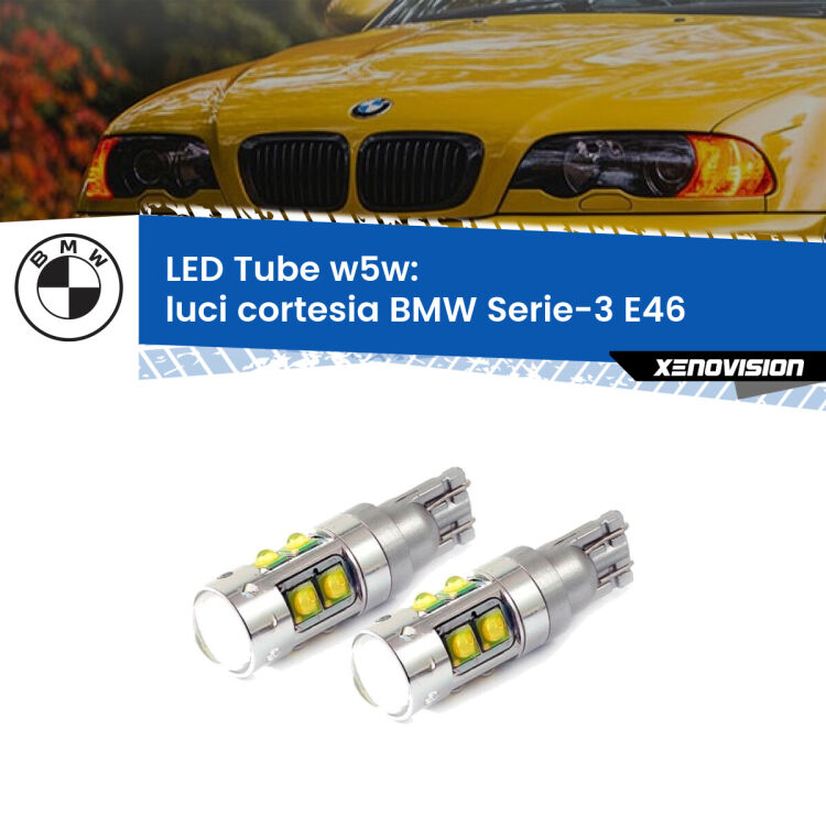 <strong>Luci Cortesia LED 6000k per BMW Serie-3</strong> E46 centrali. Lampadine <strong>W5W</strong> canbus modello Tube, luce bianco lunare, lunga durata e compatibilità.