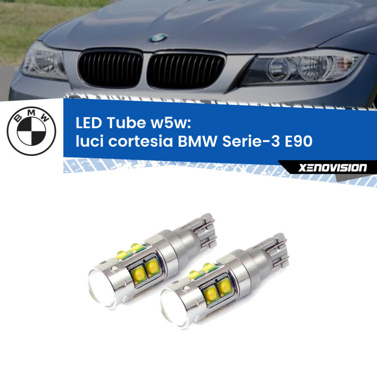 <strong>Luci Cortesia LED 6000k per BMW Serie-3</strong> E90 2005 - 2011. Lampadine <strong>W5W</strong> canbus modello Tube, luce bianco lunare, lunga durata e compatibilità.