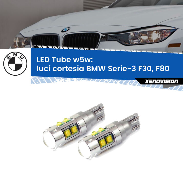 <strong>Luci Cortesia LED 6000k per BMW Serie-3</strong> F30, F80 posteriori. Lampadine <strong>W5W</strong> canbus modello Tube, luce bianco lunare, lunga durata e compatibilità.