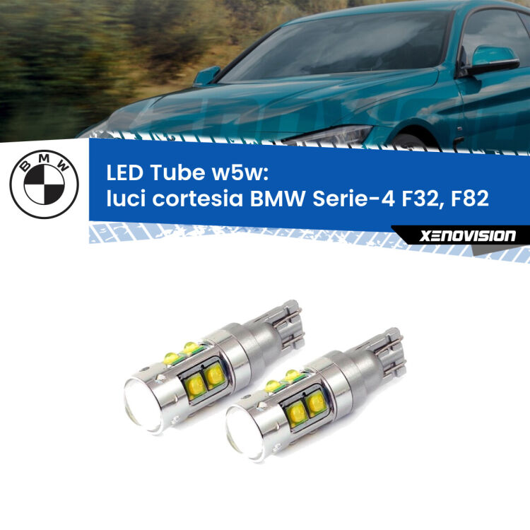 <strong>Luci Cortesia LED 6000k per BMW Serie-4</strong> F32, F82 posteriori. Lampadine <strong>W5W</strong> canbus modello Tube, luce bianco lunare, lunga durata e compatibilità.