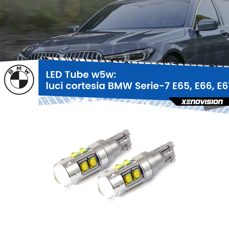 <strong>Luci Cortesia LED 6000k per BMW Serie-7</strong> E65, E66, E67 2001 - 2008. Lampadine <strong>W5W</strong> canbus modello Tube, luce bianco lunare, lunga durata e compatibilità.