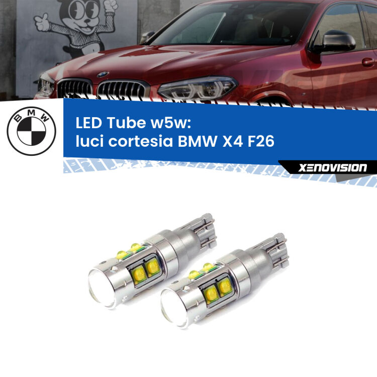 <strong>Luci Cortesia LED 6000k per BMW X4</strong> F26 2014 - 2017. Lampadine <strong>W5W</strong> canbus modello Tube, luce bianco lunare, lunga durata e compatibilità.