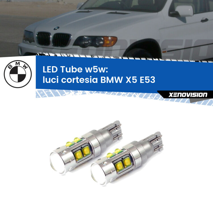 <strong>Luci Cortesia LED 6000k per BMW X5</strong> E53 1999 - 2005. Lampadine <strong>W5W</strong> canbus modello Tube, luce bianco lunare, lunga durata e compatibilità.