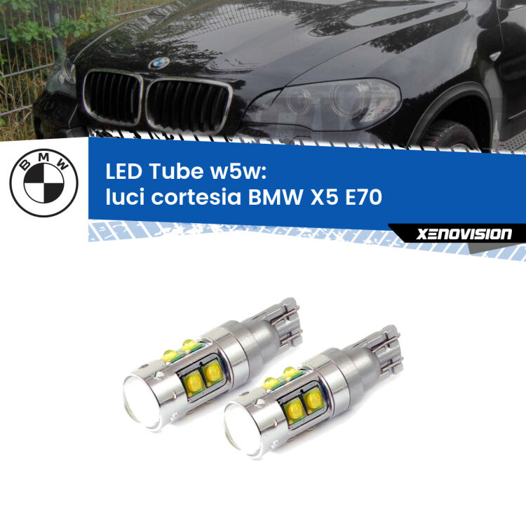 <strong>Luci Cortesia LED 6000k per BMW X5</strong> E70 2006 - 2013. Lampadine <strong>W5W</strong> canbus modello Tube, luce bianco lunare, lunga durata e compatibilità.