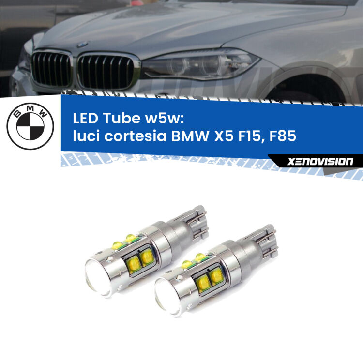 <strong>Luci Cortesia LED 6000k per BMW X5</strong> F15, F85 2014 - 2018. Lampadine <strong>W5W</strong> canbus modello Tube, luce bianco lunare, lunga durata e compatibilità.