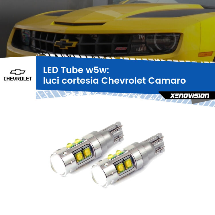 <strong>Luci Cortesia LED 6000k per Chevrolet Camaro</strong>  2011 - 2015. Lampadine <strong>W5W</strong> canbus modello Tube, luce bianco lunare, lunga durata e compatibilità.