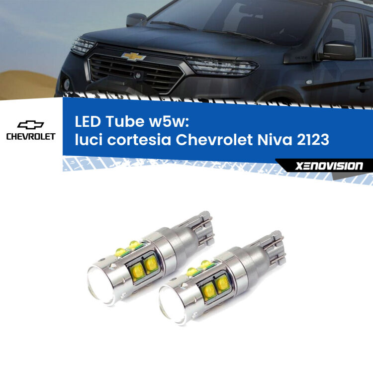 <strong>Luci Cortesia LED 6000k per Chevrolet Niva</strong> 2123 2002 - 2009. Lampadine <strong>W5W</strong> canbus modello Tube, luce bianco lunare, lunga durata e compatibilità.