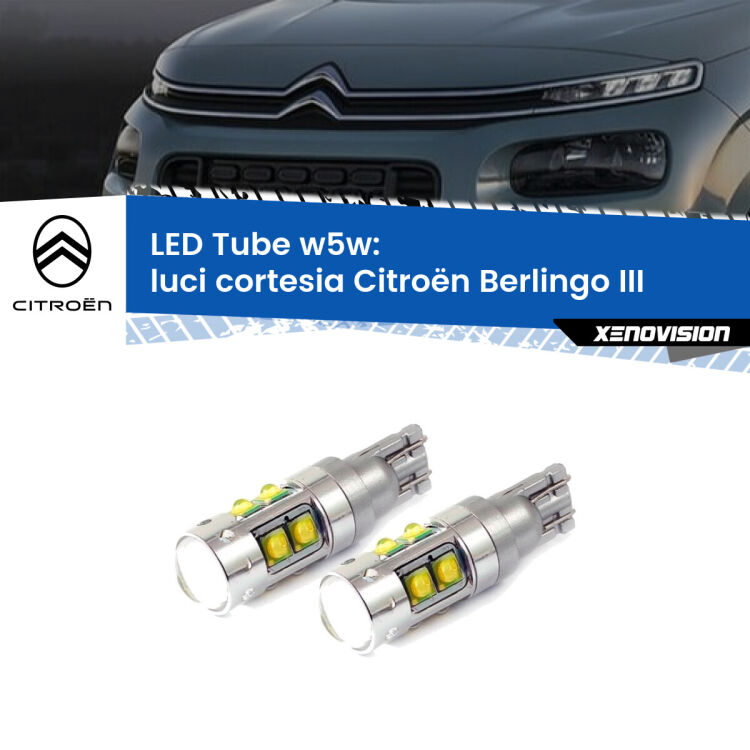 <strong>Luci Cortesia LED 6000k per Citroën Berlingo</strong> III 2018 in poi. Lampadine <strong>W5W</strong> canbus modello Tube, luce bianco lunare, lunga durata e compatibilità.