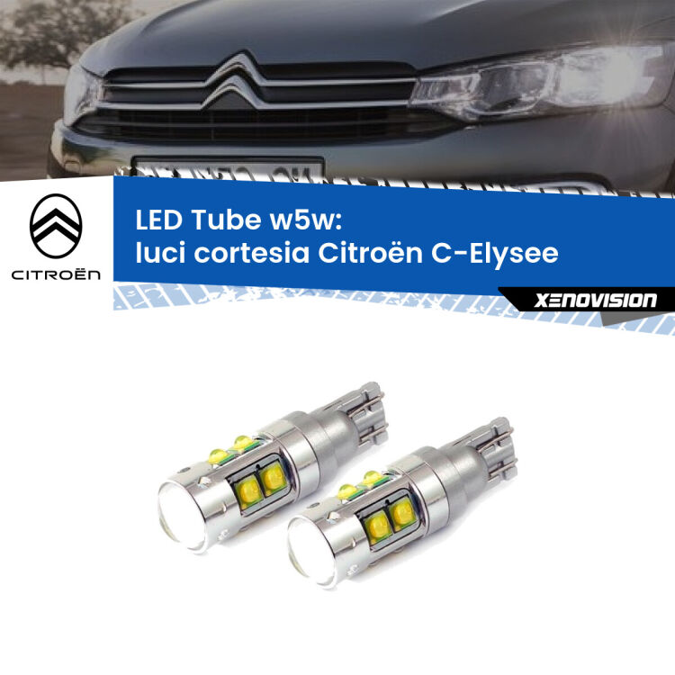 <strong>Luci Cortesia LED 6000k per Citroën C-Elysee</strong>  2012 in poi. Lampadine <strong>W5W</strong> canbus modello Tube, luce bianco lunare, lunga durata e compatibilità.