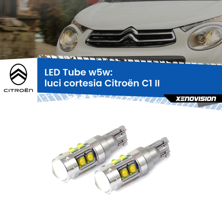 <strong>Luci Cortesia LED 6000k per Citroën C1</strong> II 2014 in poi. Lampadine <strong>W5W</strong> canbus modello Tube, luce bianco lunare, lunga durata e compatibilità.