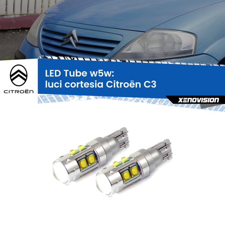 <strong>Luci Cortesia LED 6000k per Citroën C3</strong>  2002 - 2009. Lampadine <strong>W5W</strong> canbus modello Tube, luce bianco lunare, lunga durata e compatibilità.