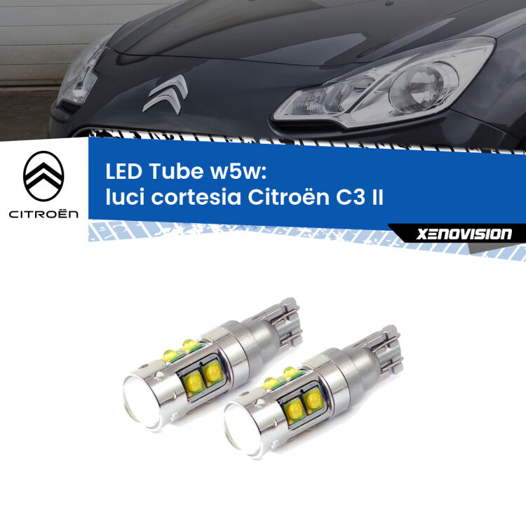 <strong>Luci Cortesia LED 6000k per Citroën C3</strong> II 2009 - 2016. Lampadine <strong>W5W</strong> canbus modello Tube, luce bianco lunare, lunga durata e compatibilità.