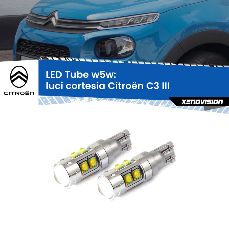 <strong>Luci Cortesia LED 6000k per Citroën C3</strong> III 2016 in poi. Lampadine <strong>W5W</strong> canbus modello Tube, luce bianco lunare, lunga durata e compatibilità.