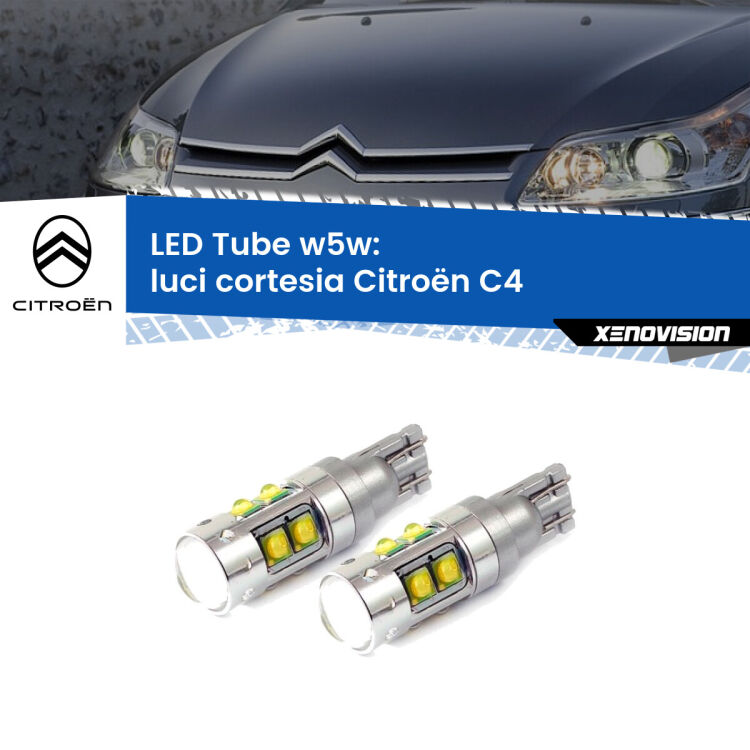 <strong>Luci Cortesia LED 6000k per Citroën C4</strong>  2004 - 2011. Lampadine <strong>W5W</strong> canbus modello Tube, luce bianco lunare, lunga durata e compatibilità.