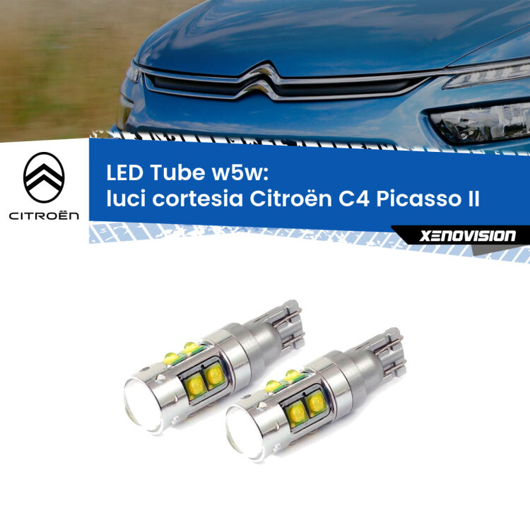 <strong>Luci Cortesia LED 6000k per Citroën C4 Picasso</strong> II Versione 1. Lampadine <strong>W5W</strong> canbus modello Tube, luce bianco lunare, lunga durata e compatibilità.