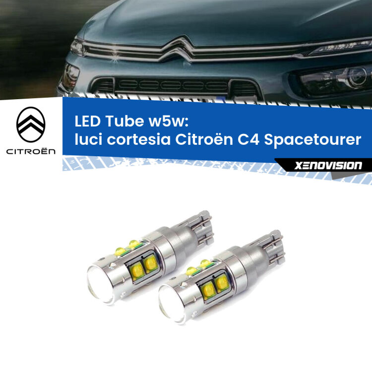 <strong>Luci Cortesia LED 6000k per Citroën C4 Spacetourer</strong>  Versione 1. Lampadine <strong>W5W</strong> canbus modello Tube, luce bianco lunare, lunga durata e compatibilità.