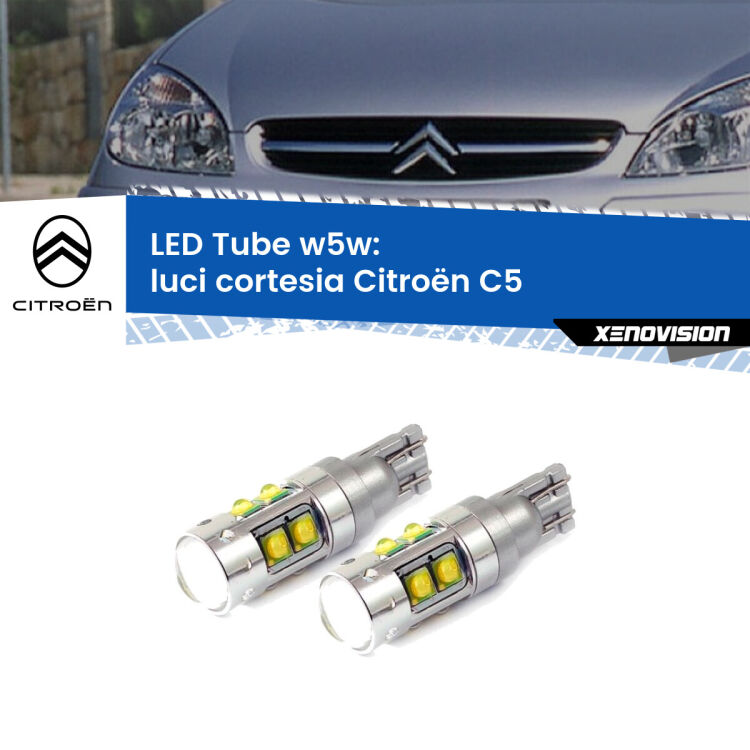 <strong>Luci Cortesia LED 6000k per Citroën C5</strong>  2001 - 2004. Lampadine <strong>W5W</strong> canbus modello Tube, luce bianco lunare, lunga durata e compatibilità.