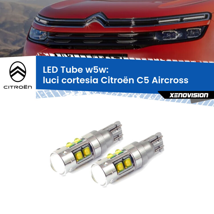 <strong>Luci Cortesia LED 6000k per Citroën C5 Aircross</strong>  2017 in poi. Lampadine <strong>W5W</strong> canbus modello Tube, luce bianco lunare, lunga durata e compatibilità.