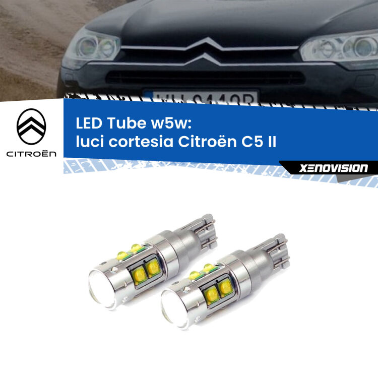 <strong>Luci Cortesia LED 6000k per Citroën C5</strong> II 2008 - 2014. Lampadine <strong>W5W</strong> canbus modello Tube, luce bianco lunare, lunga durata e compatibilità.