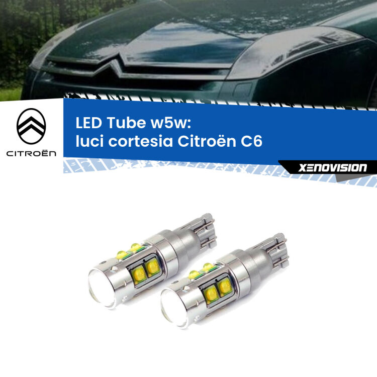 <strong>Luci Cortesia LED 6000k per Citroën C6</strong>  2005 - 2012. Lampadine <strong>W5W</strong> canbus modello Tube, luce bianco lunare, lunga durata e compatibilità.