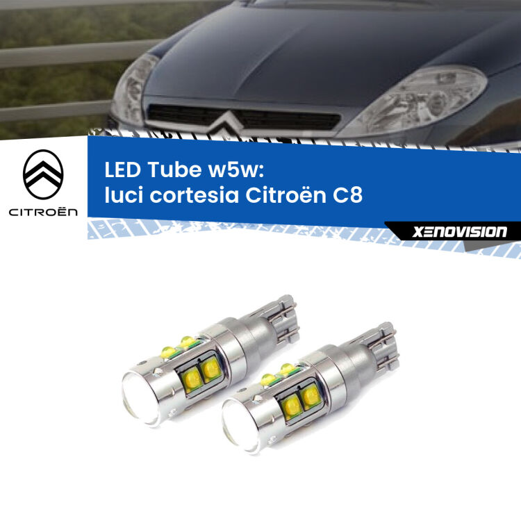 <strong>Luci Cortesia LED 6000k per Citroën C8</strong>  2002 - 2010. Lampadine <strong>W5W</strong> canbus modello Tube, luce bianco lunare, lunga durata e compatibilità.