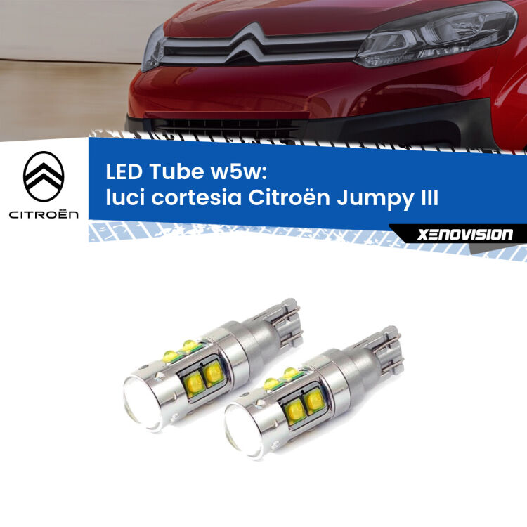 <strong>Luci Cortesia LED 6000k per Citroën Jumpy</strong> III 2016 in poi. Lampadine <strong>W5W</strong> canbus modello Tube, luce bianco lunare, lunga durata e compatibilità.