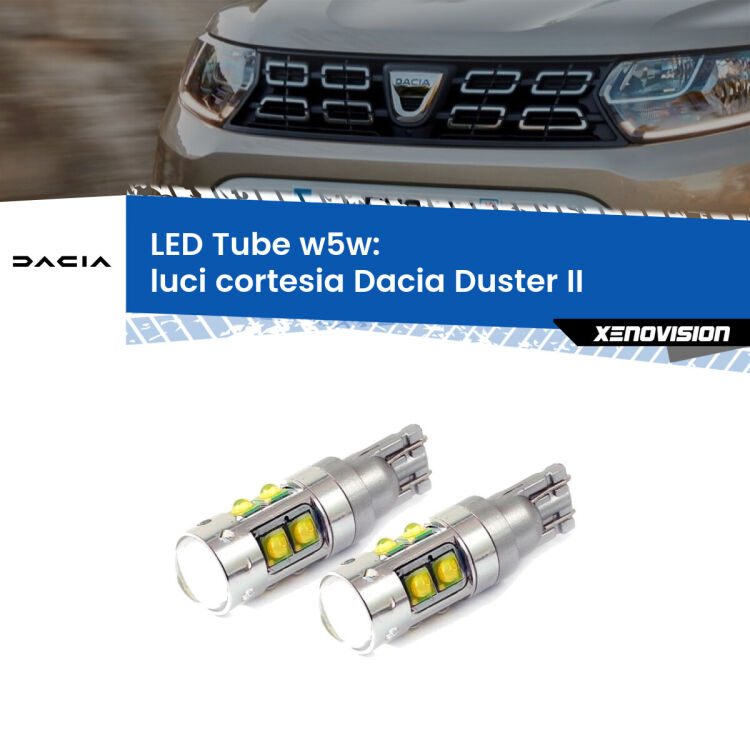 <strong>Luci Cortesia LED 6000k per Dacia Duster</strong> II 2017 in poi. Lampadine <strong>W5W</strong> canbus modello Tube, luce bianco lunare, lunga durata e compatibilità.