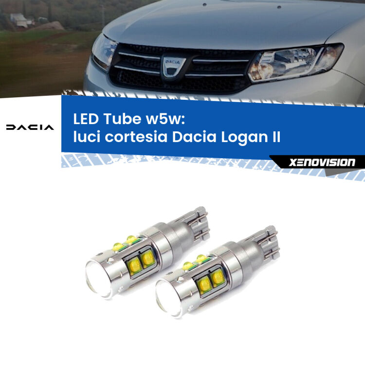 <strong>Luci Cortesia LED 6000k per Dacia Logan</strong> II 2012 in poi. Lampadine <strong>W5W</strong> canbus modello Tube, luce bianco lunare, lunga durata e compatibilità.