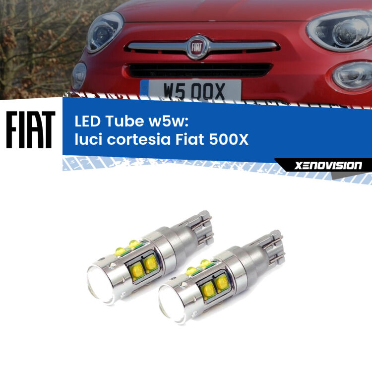 <strong>Luci Cortesia LED 6000k per Fiat 500X</strong>  2014 in poi. Lampadine <strong>W5W</strong> canbus modello Tube, luce bianco lunare, lunga durata e compatibilità.