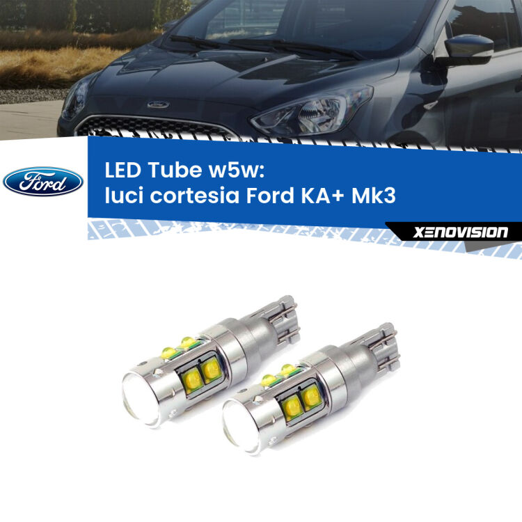 <strong>Luci Cortesia LED 6000k per Ford KA+</strong> Mk3 2014 - 2018. Lampadine <strong>W5W</strong> canbus modello Tube, luce bianco lunare, lunga durata e compatibilità.