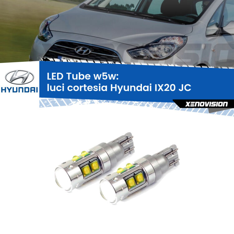 <strong>Luci Cortesia LED 6000k per Hyundai IX20</strong> JC laterali. Lampadine <strong>W5W</strong> canbus modello Tube, luce bianco lunare, lunga durata e compatibilità.