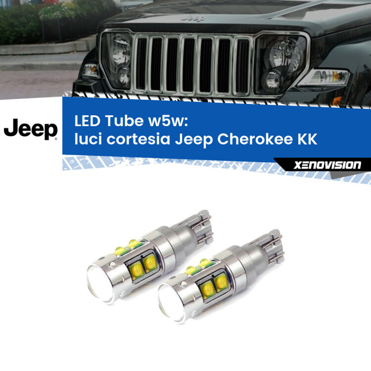 <strong>Luci Cortesia LED 6000k per Jeep Cherokee</strong> KK 2008 - 2013. Lampadine <strong>W5W</strong> canbus modello Tube, luce bianco lunare, lunga durata e compatibilità.