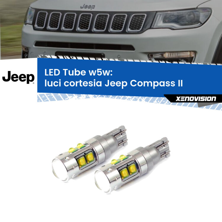 <strong>Luci Cortesia LED 6000k per Jeep Compass</strong> II 2017 in poi. Lampadine <strong>W5W</strong> canbus modello Tube, luce bianco lunare, lunga durata e compatibilità.