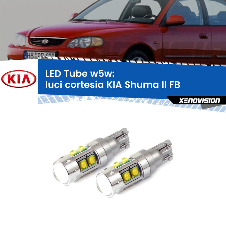 <strong>Luci Cortesia LED 6000k per KIA Shuma II</strong> FB 2001 - 2004. Lampadine <strong>W5W</strong> canbus modello Tube, luce bianco lunare, lunga durata e compatibilità.