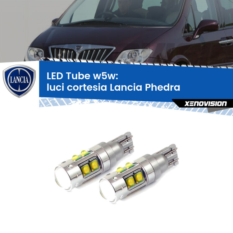 <strong>Luci Cortesia LED 6000k per Lancia Phedra</strong>  2002 - 2010. Lampadine <strong>W5W</strong> canbus modello Tube, luce bianco lunare, lunga durata e compatibilità.