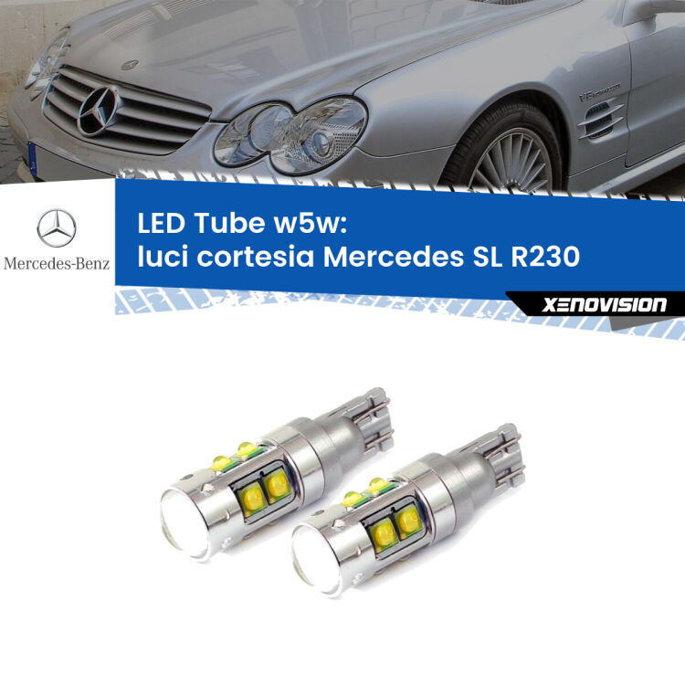 <strong>Luci Cortesia LED 6000k per Mercedes SL</strong> R230 2001 - 2012. Lampadine <strong>W5W</strong> canbus modello Tube, luce bianco lunare, lunga durata e compatibilità.