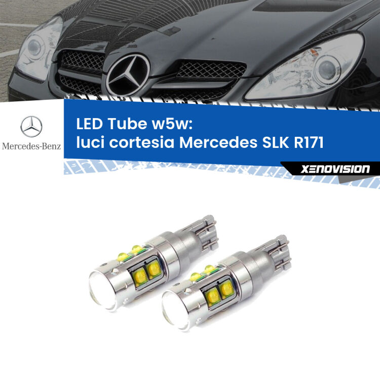 <strong>Luci Cortesia LED 6000k per Mercedes SLK</strong> R171 2006 - 2011. Lampadine <strong>W5W</strong> canbus modello Tube, luce bianco lunare, lunga durata e compatibilità.