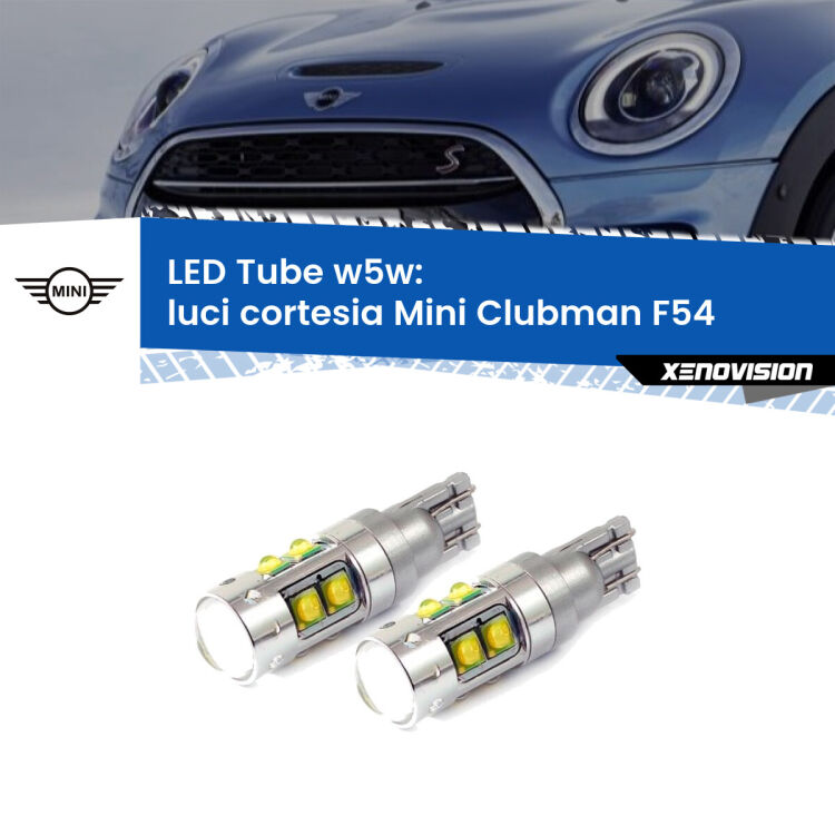 <strong>Luci Cortesia LED 6000k per Mini Clubman</strong> F54 2014 - 2019. Lampadine <strong>W5W</strong> canbus modello Tube, luce bianco lunare, lunga durata e compatibilità.