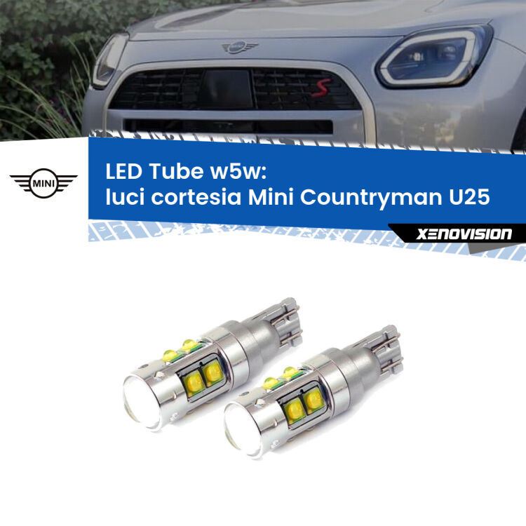 <strong>Luci Cortesia LED 6000k per Mini Countryman</strong> U25 in poi. Lampadine <strong>W5W</strong> canbus modello Tube, luce bianco lunare, lunga durata e compatibilità.