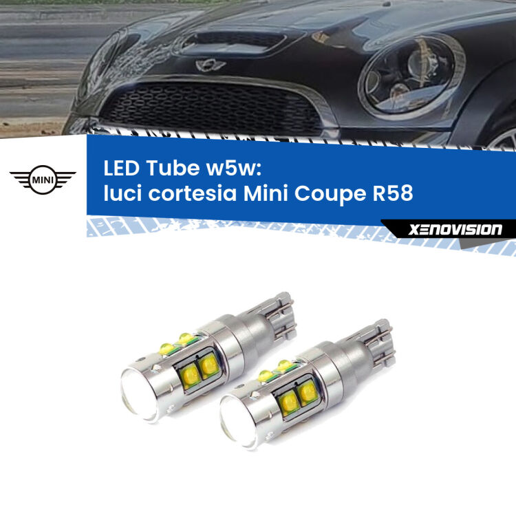 <strong>Luci Cortesia LED 6000k per Mini Coupe</strong> R58 2011 - 2015. Lampadine <strong>W5W</strong> canbus modello Tube, luce bianco lunare, lunga durata e compatibilità.