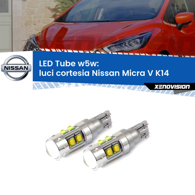 <strong>Luci Cortesia LED 6000k per Nissan Micra V</strong> K14 2016 in poi. Lampadine <strong>W5W</strong> canbus modello Tube, luce bianco lunare, lunga durata e compatibilità.