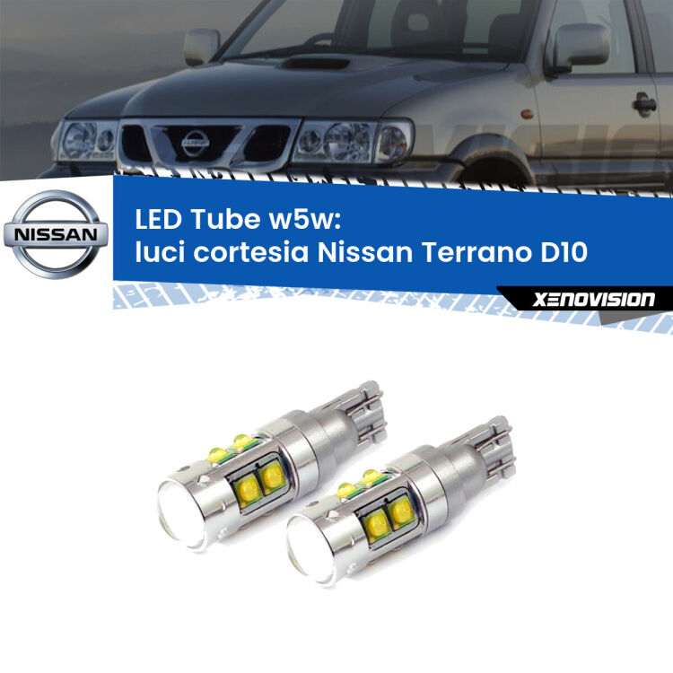 <strong>Luci Cortesia LED 6000k per Nissan Terrano</strong> D10 2013 in poi. Lampadine <strong>W5W</strong> canbus modello Tube, luce bianco lunare, lunga durata e compatibilità.