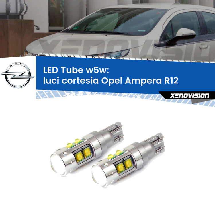 <strong>Luci Cortesia LED 6000k per Opel Ampera</strong> R12 2011 - 2015. Lampadine <strong>W5W</strong> canbus modello Tube, luce bianco lunare, lunga durata e compatibilità.